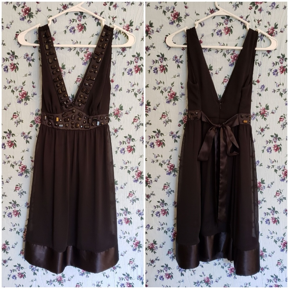 Black Dress with Gems and Satin Trim